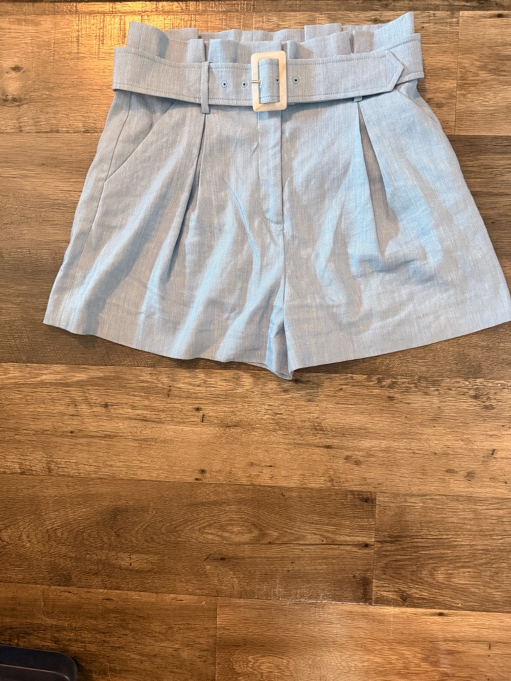 Veronica Beard Light Blue High-Waist Pleated Shorts with Belt